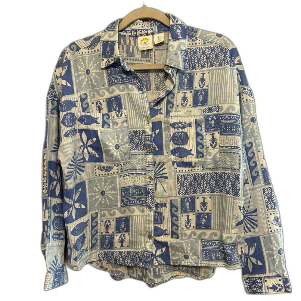 C&C California 100% Linen Button Up Shirt Womens Small Blue White Coastal Print